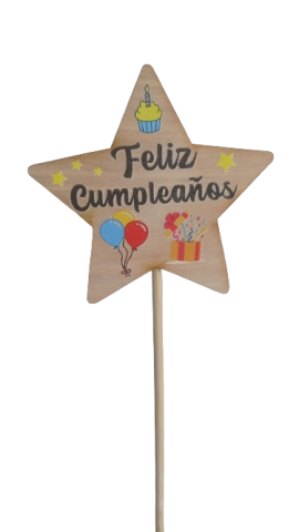 PICK DECORATIVO MADERA * ESTRELLA FELIZ CUMPLEAÑOS