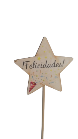 PICK DECORATIVO MADERA * ESTRELLA FELICIDADES